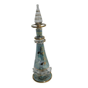 Vintage Egyptian Hand Blown Blue Floral Etched Glass Perfume Bottle Gold Trim